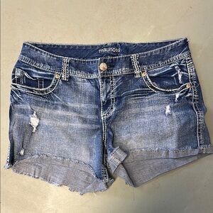 Maurices Blue and Cream Jean Shorts Distressed Cuffed Hem